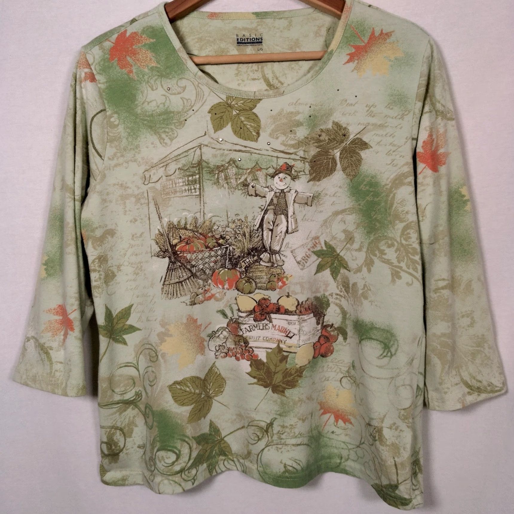 Basic Editions VINTAGE Basic Editions Shirt Women L Green Scarecrow Autumn Leaf Pumpkin Casual 3/4 Sleeve Farm Harvest Size L / US 10 / IT 46 - 2 Thumbnail
