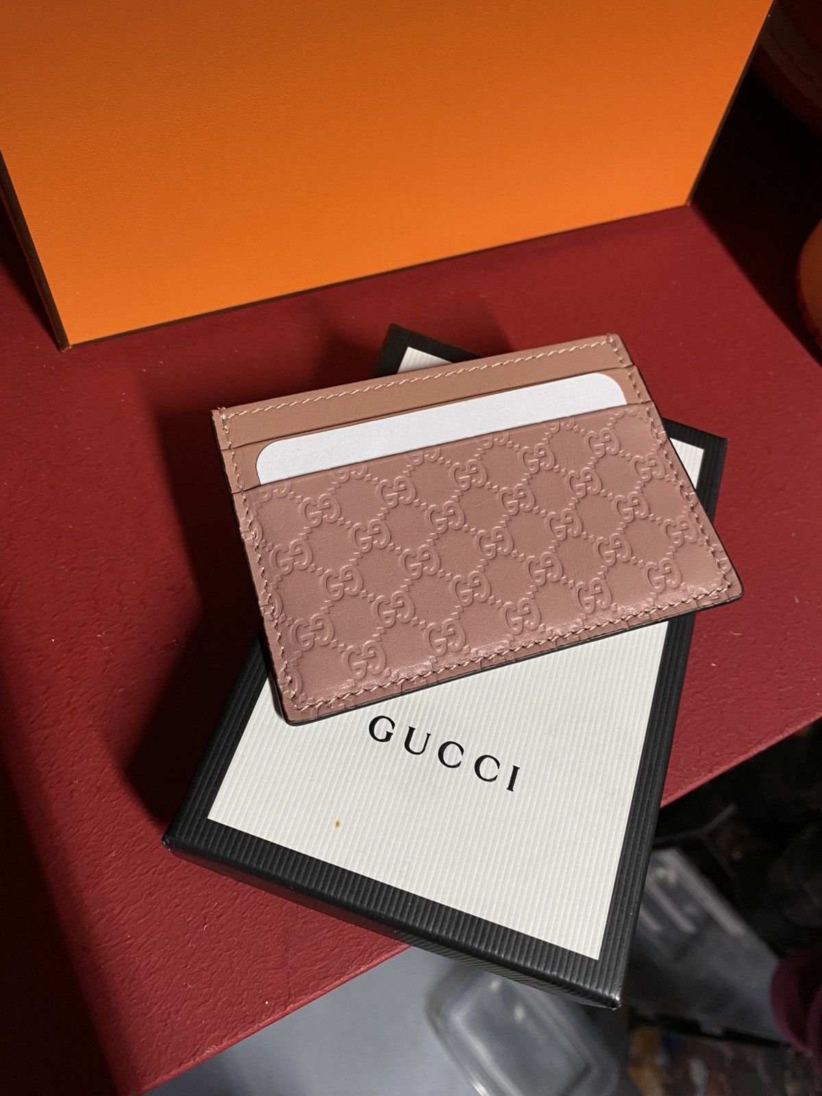 Gucci Pink GG Monogram Leather Card Holder New