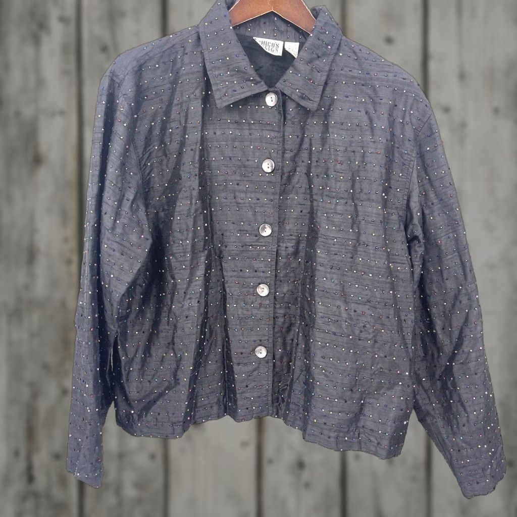 Vintage CHICO'S Blouse Shirt Womens Large Black Beaded Silk 90s Designer Lagenlook Vintage, Long Sleeve, Collared, Dry Clean Only, Regular Fit, Adult Women Size L / US 10 / IT 46 - 1 Thumbnail