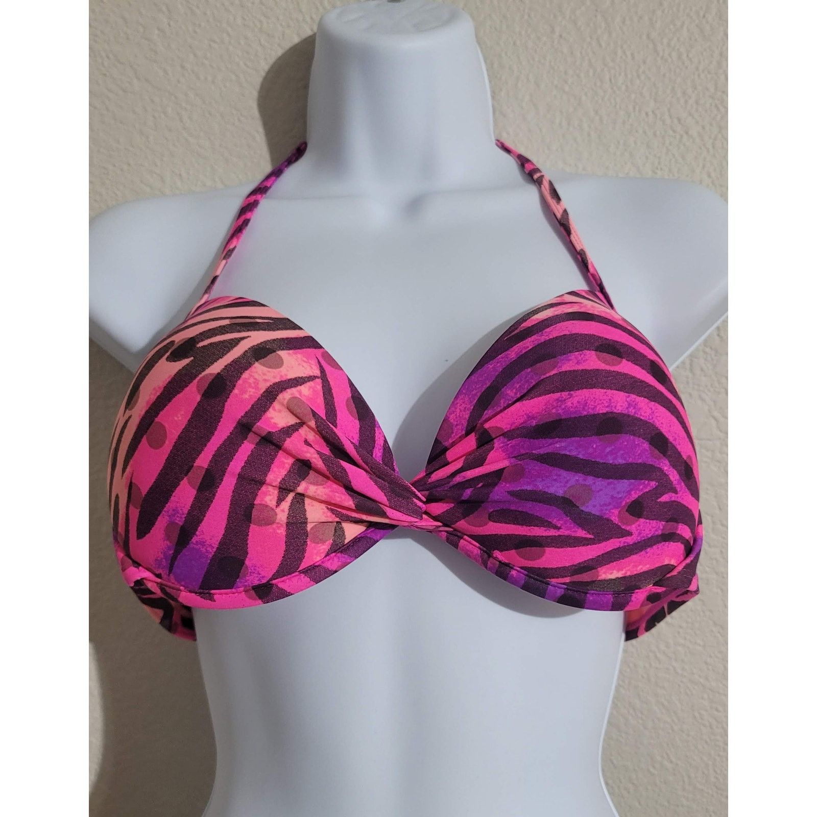 Pink Purple Zebra Print Twisted Knot Bikini Top Large, Women's