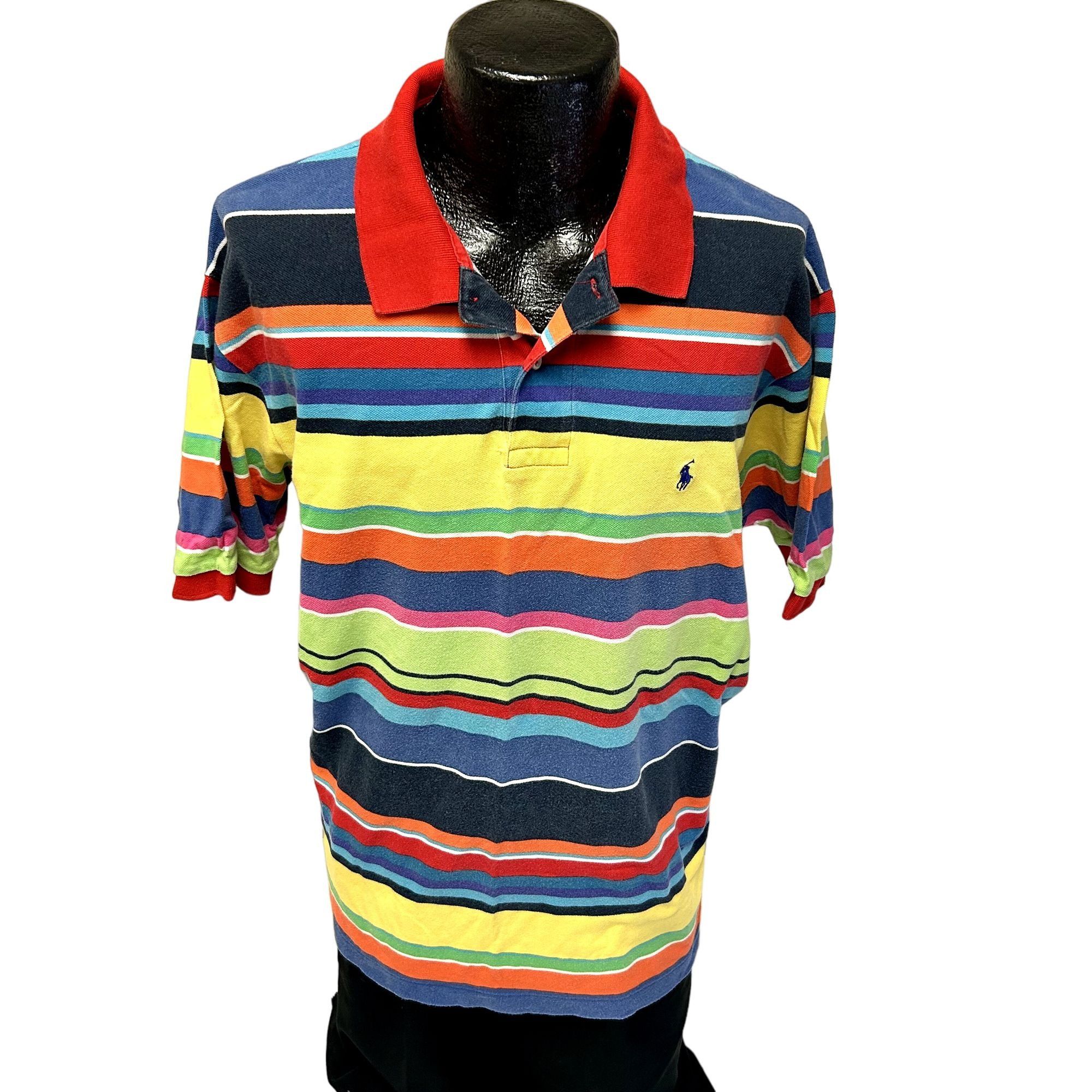 image of Polo Ralph Lauren 90's Ralph Laurent Bright Rainbow Stripe Polo Logo Shirt , Men's (Size 2XL)