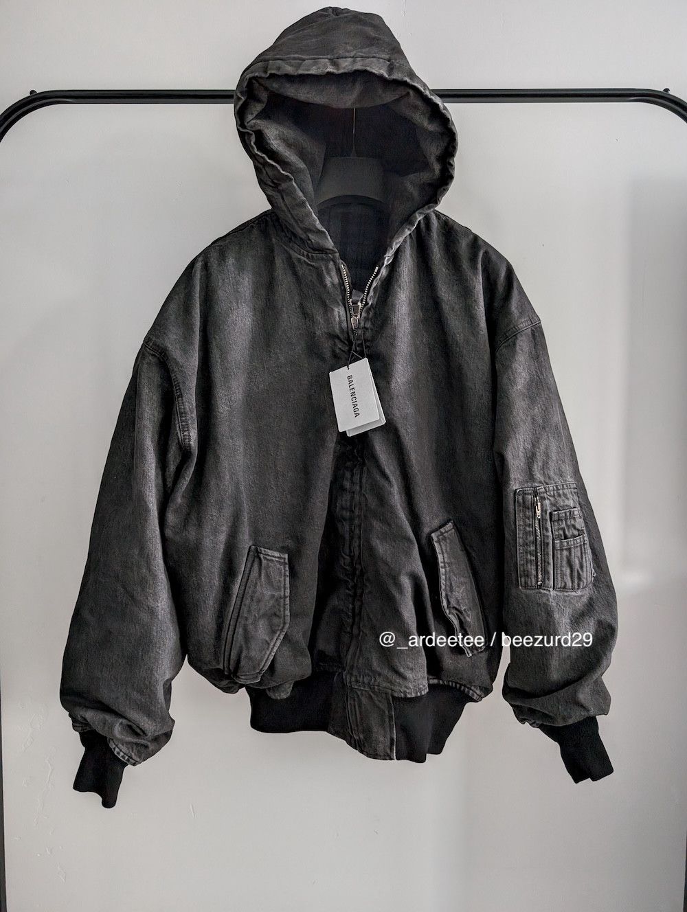 Pre-owned Balenciaga New Fw21 Distressed Denim Padded Bomber Jacket $3 In Washed Black Denim