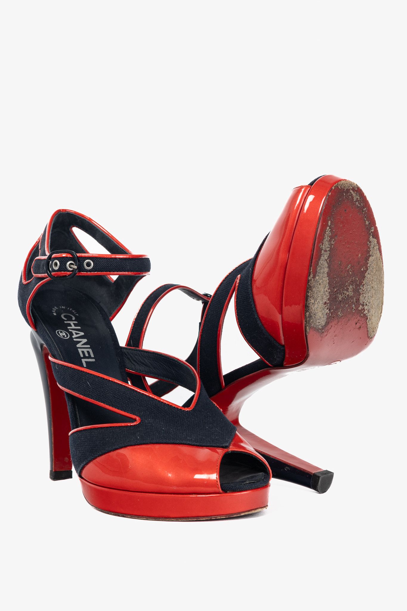 Chanel Chanel SS/08 Runway Navy Canvas & Red Patent Leather Sandals Size US 10.5 / IT 40.5 - 4 Thumbnail