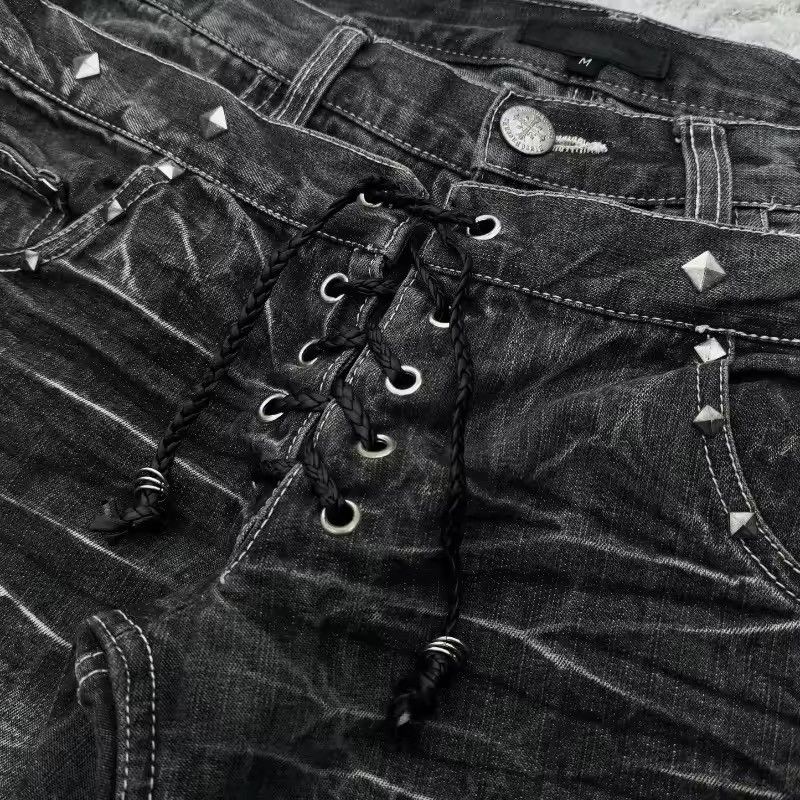Japanese Brand Y2K Washed Micro Flared Double Waisted Lace Up Jean Size US 37 - 4 Thumbnail