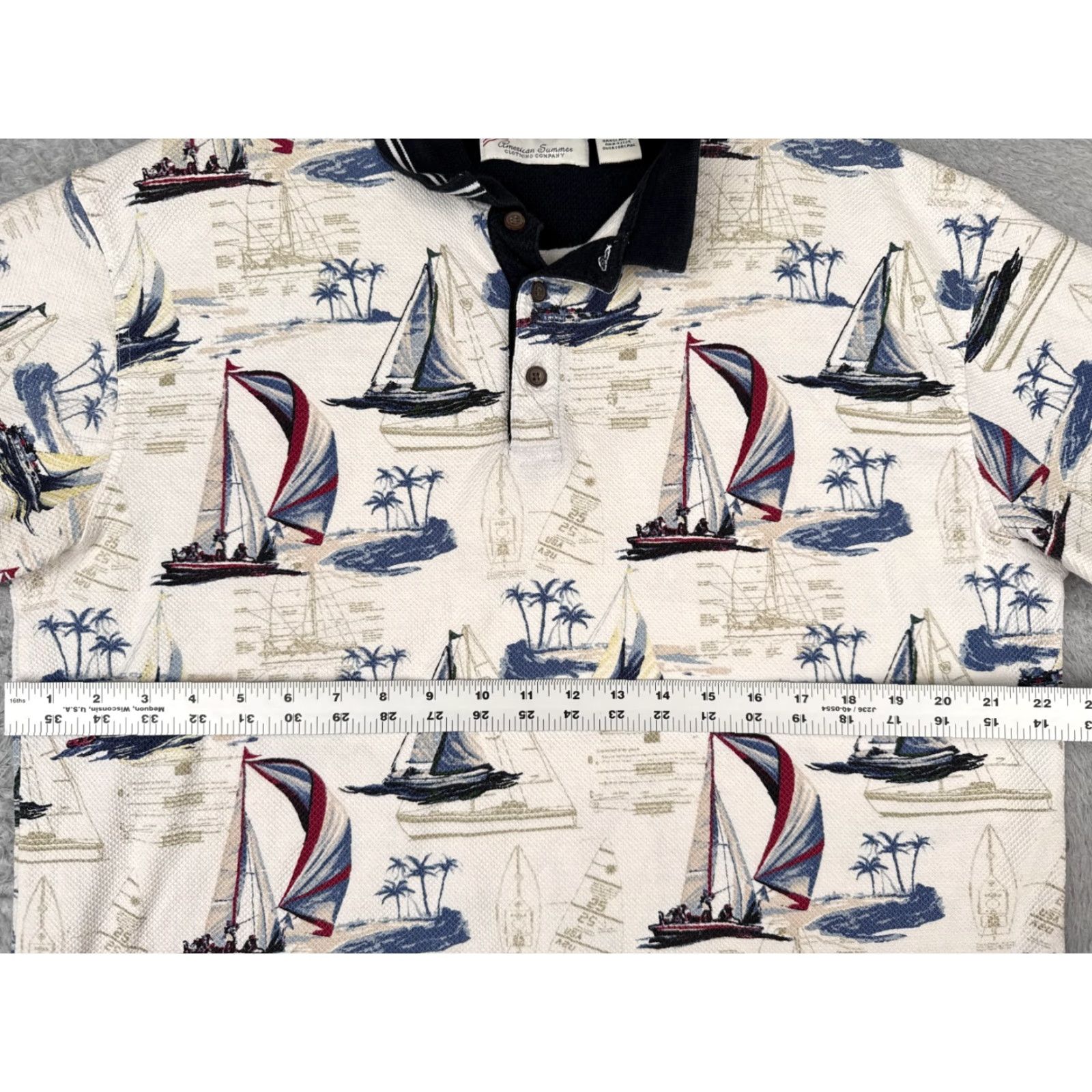 Vintage American Summer Polo Shirt Men XL White Cotton Sailboat Palm AOP Modern Sports Polo Shirt Mens XL White Cotton 100% Polo Shirt Size US XL / EU 56 / 4 - 7 Thumbnail