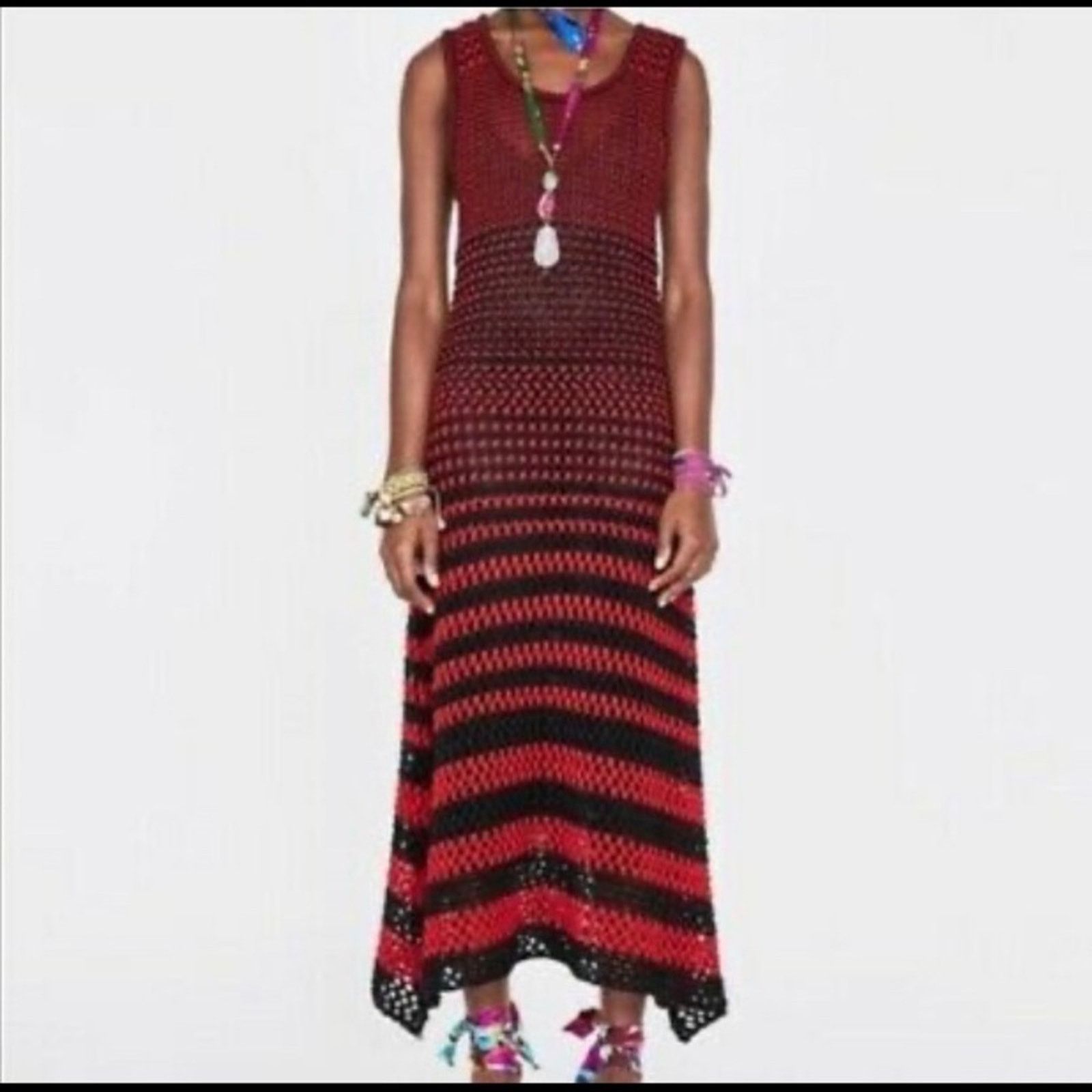 Zara Studio Red Black Linen Maxi Long Knit Crochet Dress