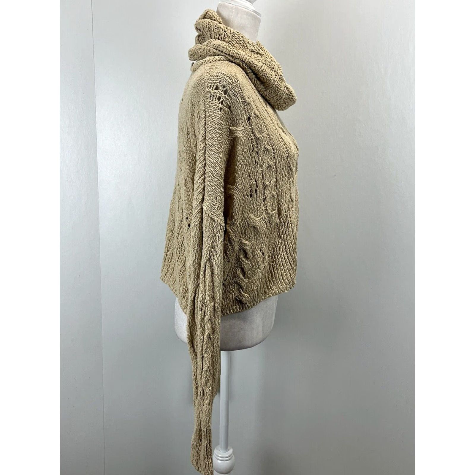 Free People Free People Shades Of Dawn Sweater Shirt Women Small Tan Knit Cowl Neck Distressed Crop Slouchy Cotton Blend 2020s Size S / US 4 / IT 40 - 4 Thumbnail