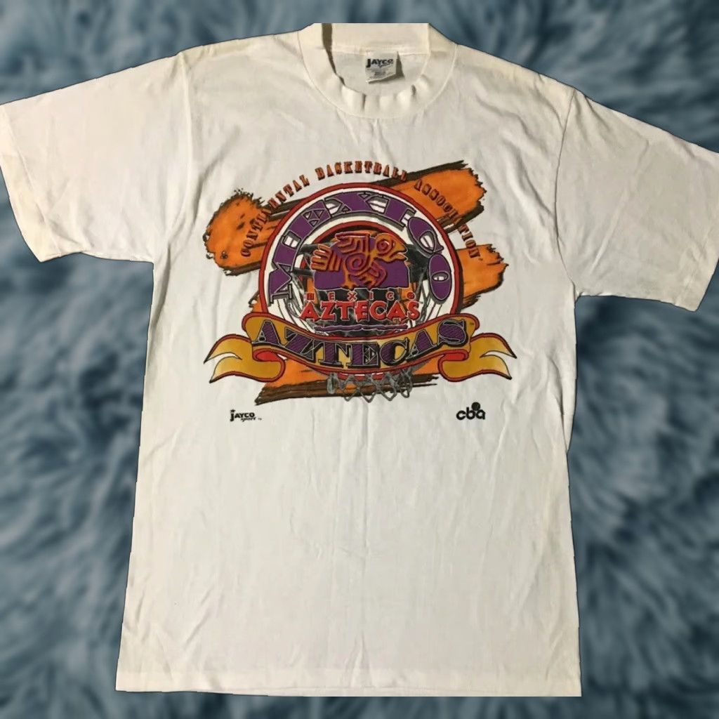 NBA VINTAGE 90s Mexico Aztecas Continental Basketball Association Team Shirt M White Graphic Tee Mens Breakout Track & Field Streetwear Sports USA Retro Size US M / EU 48-50 / 2 - 1 Thumbnail