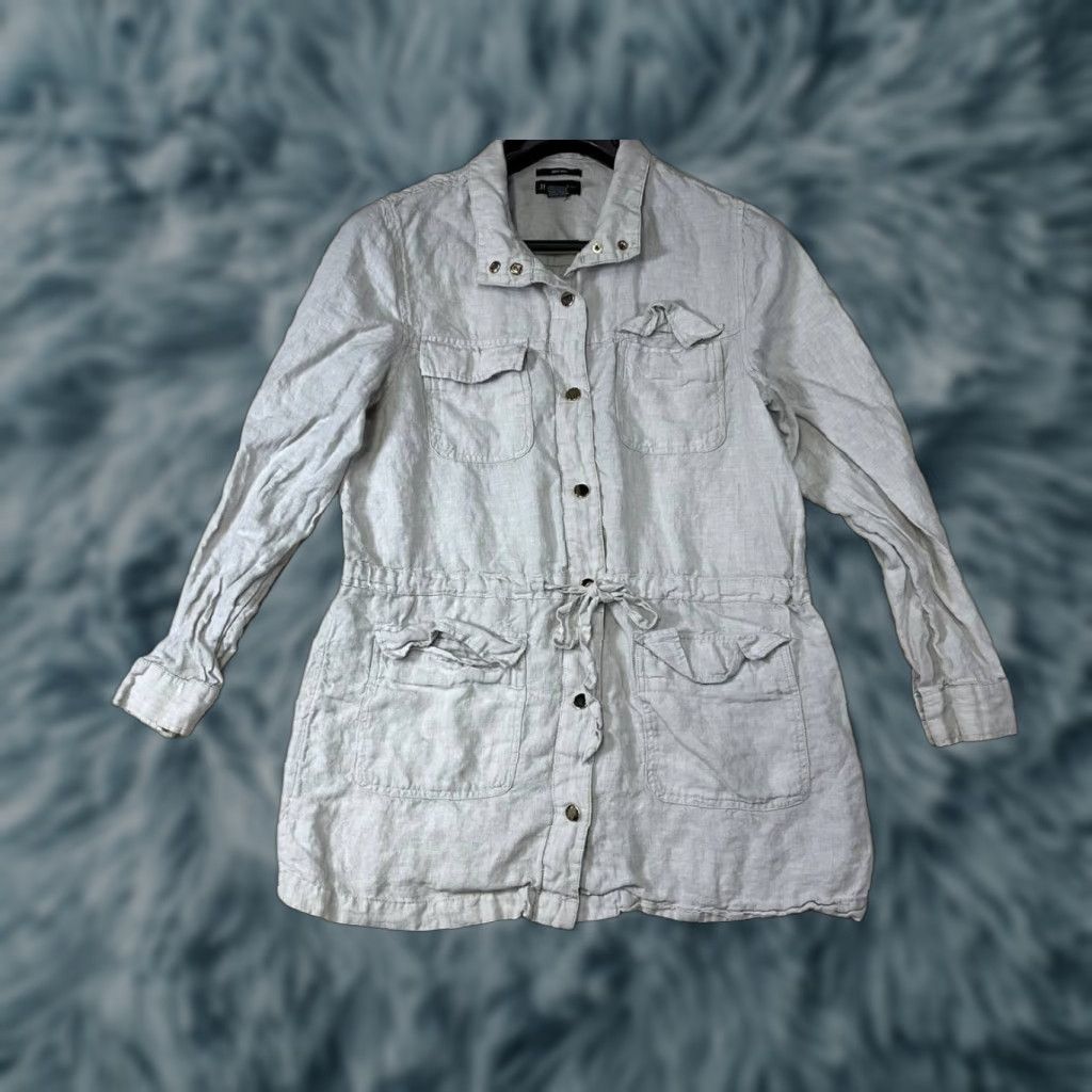 Jones New York Jones New York Jacket Women M Beige Linen Gold Snaps Drawstring Waist Pockets Mid-Length Size M / US 6-8 / IT 42-44 - 1 Thumbnail