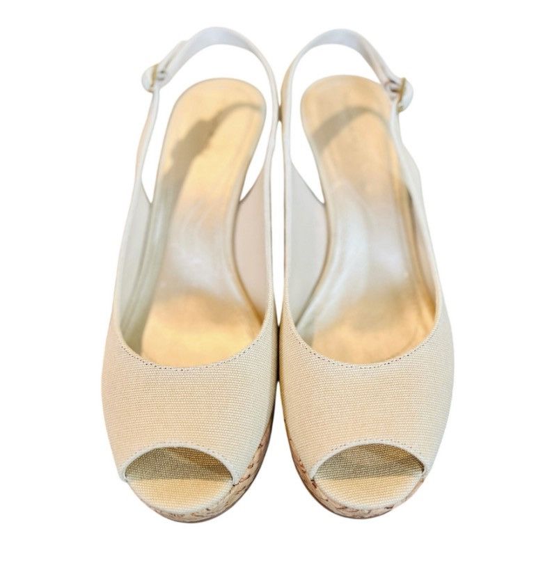 Elie Tahari Tahari Beige Canvas Cork Wedge Slingback Peep Toe Heels 9M Size US 9 / IT 39 - 2 Thumbnail