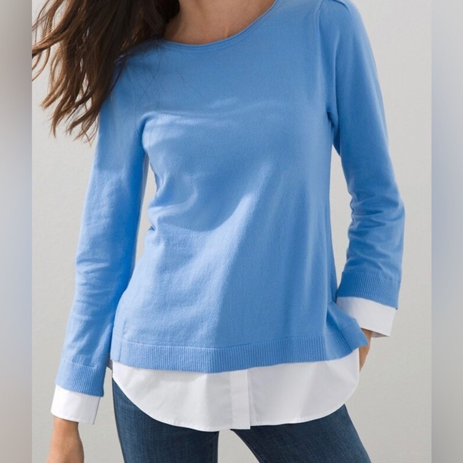Chicos Chico's Woven Shirt Detail Knit Sweater Sz 0 (S) Size S / US 4 / IT 40 - 1 Thumbnail