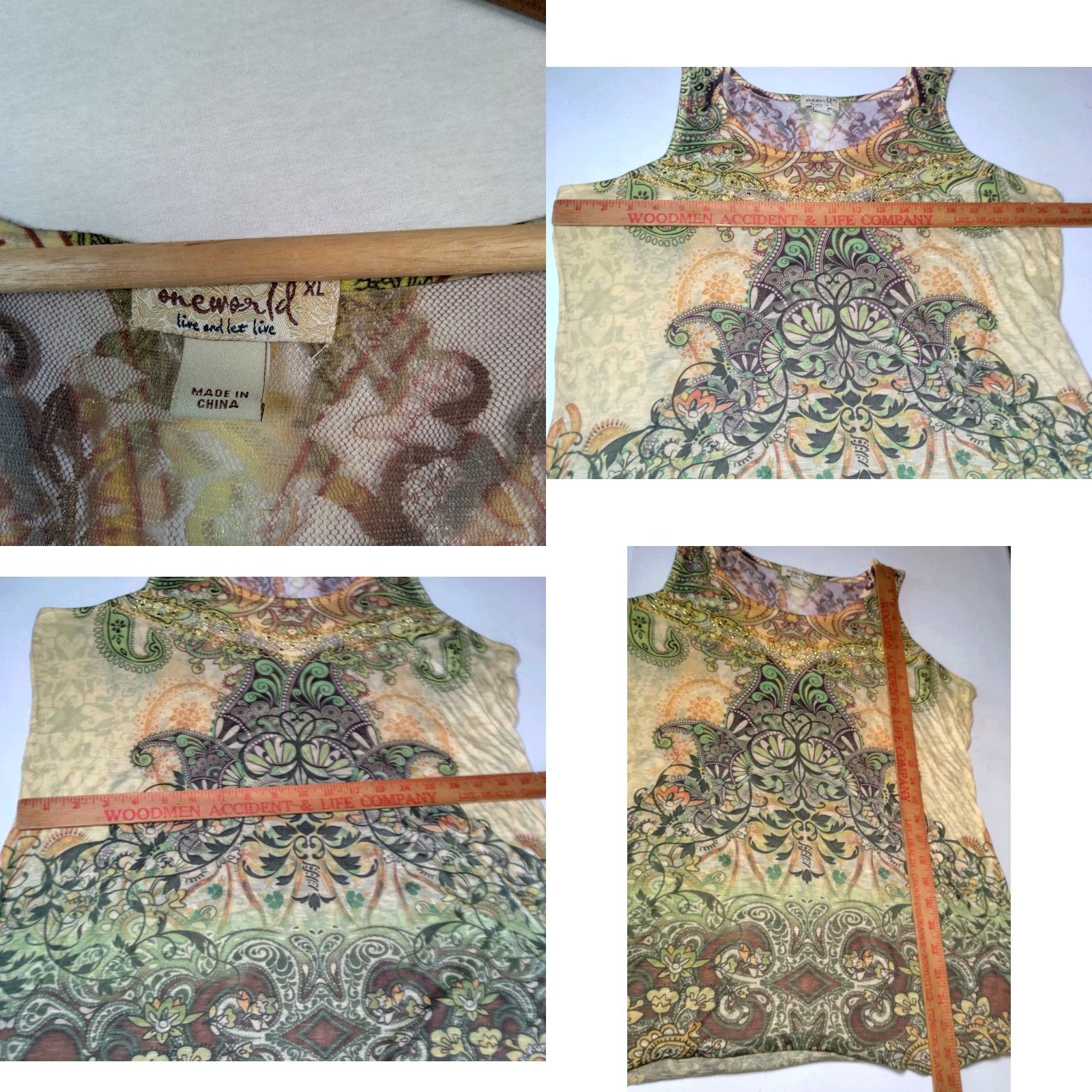 Olive Emerald Tank Top XL Shirt Women Multicolor Paisley Lace Trim Sleeveless Knit Y2K Boho Hippe Spring Summer Regular Size XL / US 12-14 / IT 48-50 - 8 Thumbnail