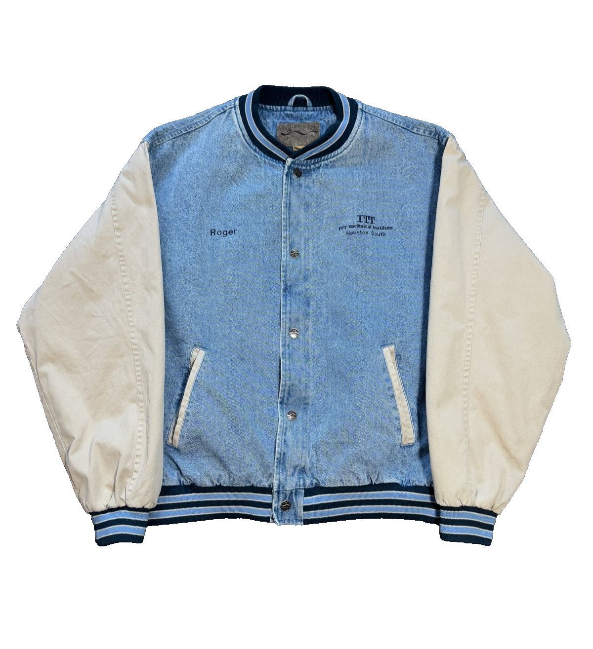 Vintage 90s Denim Varsity Bomber Jacket Workwear Tan Blue XL Size US XL / EU 56 / 4 - 1 Thumbnail