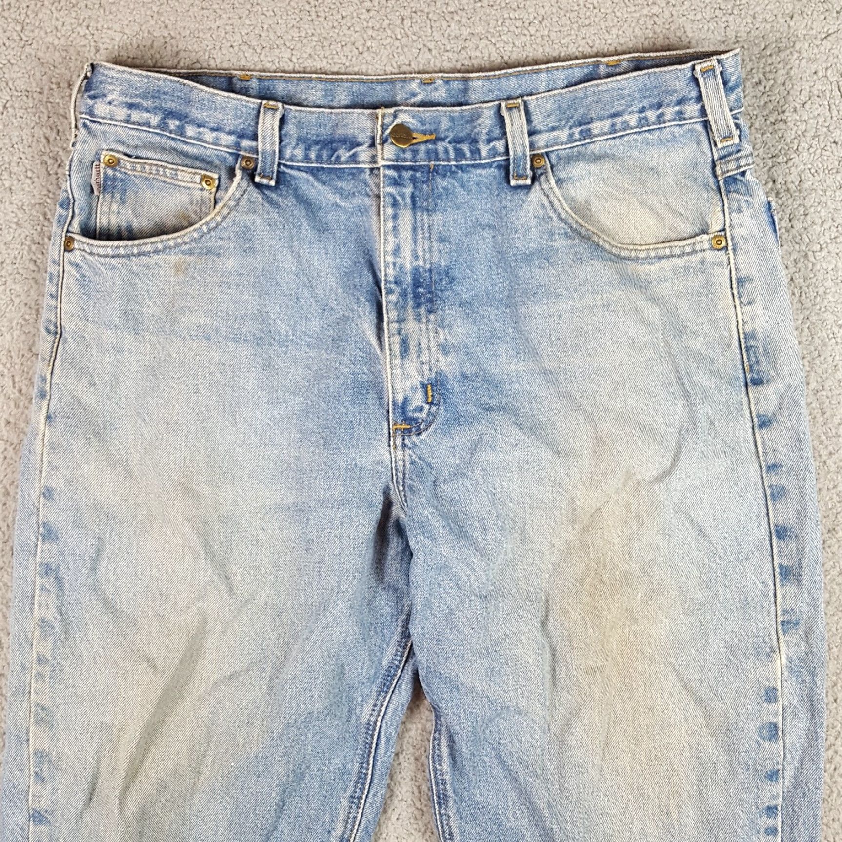 Carhartt VINTAGE Carhartt Jeans 5-Pocket 38x30 Denim Workwear Grunge Y2K 90s 00s Mens Regular Blue | Distressed, Leather Logo, 30 Inseam Size US 38 / EU 54 - 2 Thumbnail