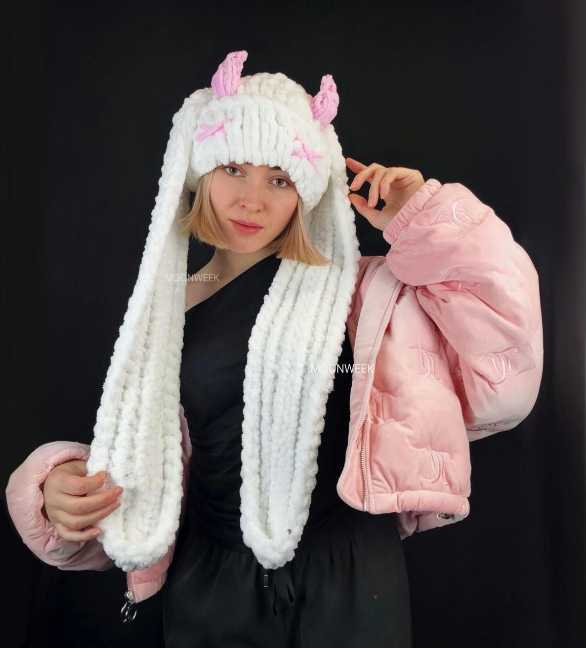 Handmade Bunny hat with ears . Pink beanie bunny with horns Size ONE SIZE - 1 Thumbnail