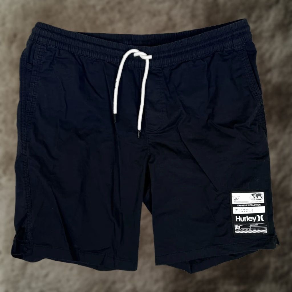 Hurley VINTAGE Hurley Chino Shorts Mens L Black Elastic Waist Drawstring Beach Y2K Size US 33 - 1 Thumbnail