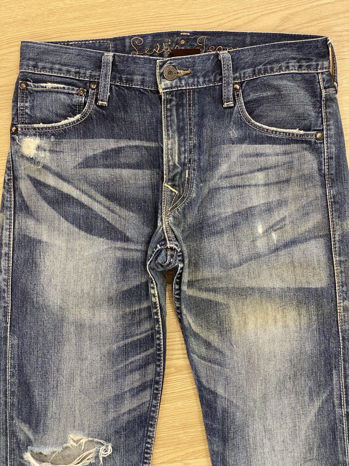 Levi's Levi’s Whiskers Blue Wash Style Buckle Back Distressed Jeans Size US 30 / EU 46 - 2 Thumbnail
