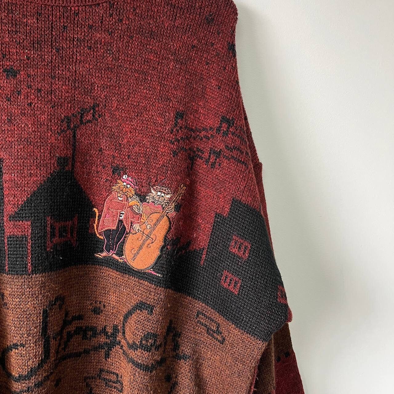 Vintage JAZZ CATS SWEATER- Vintage Novelty Pullover 80s 90s Winter Size US L / EU 52-54 / 3 - 14 Thumbnail
