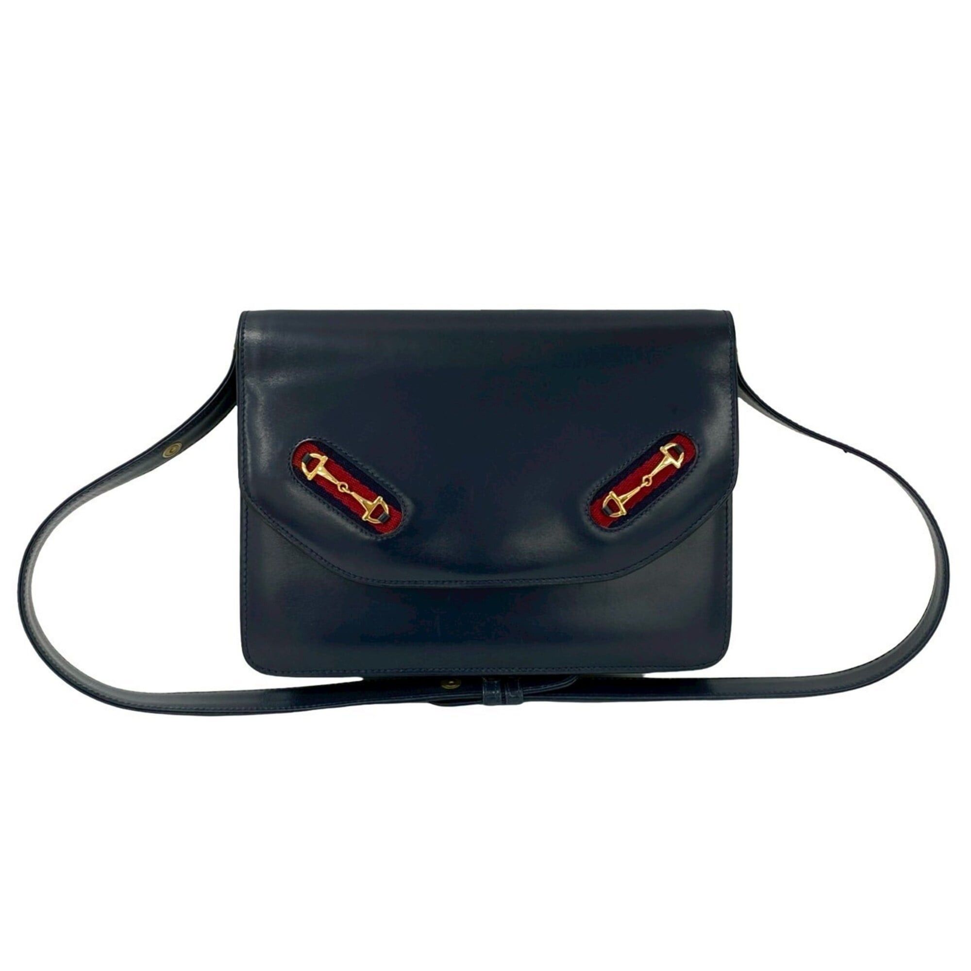 Gucci GUCCI Vintage Sherry Line Leather Semi-One Shoulder Bag with Horsebit Hardware, Navy, 20473 Size ONE SIZE - 1 Thumbnail