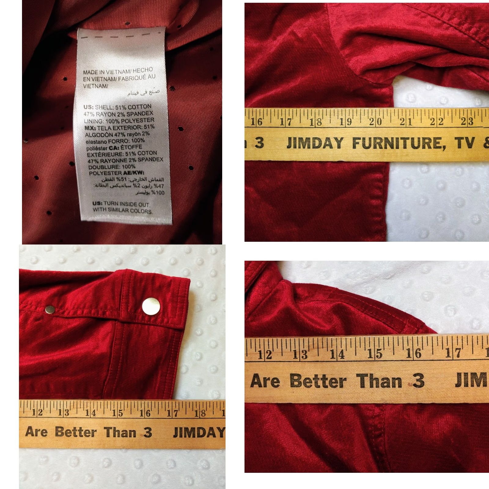 Vintage Chico's Red Velvet Denim Style Jacket Women's Regular 12/14 Short Lined Casual Party/Cocktail Fall Spring Summer Winter Velvet Denim Velvet Jacket Size XL / US 12-14 / IT 48-50 - 8 Thumbnail