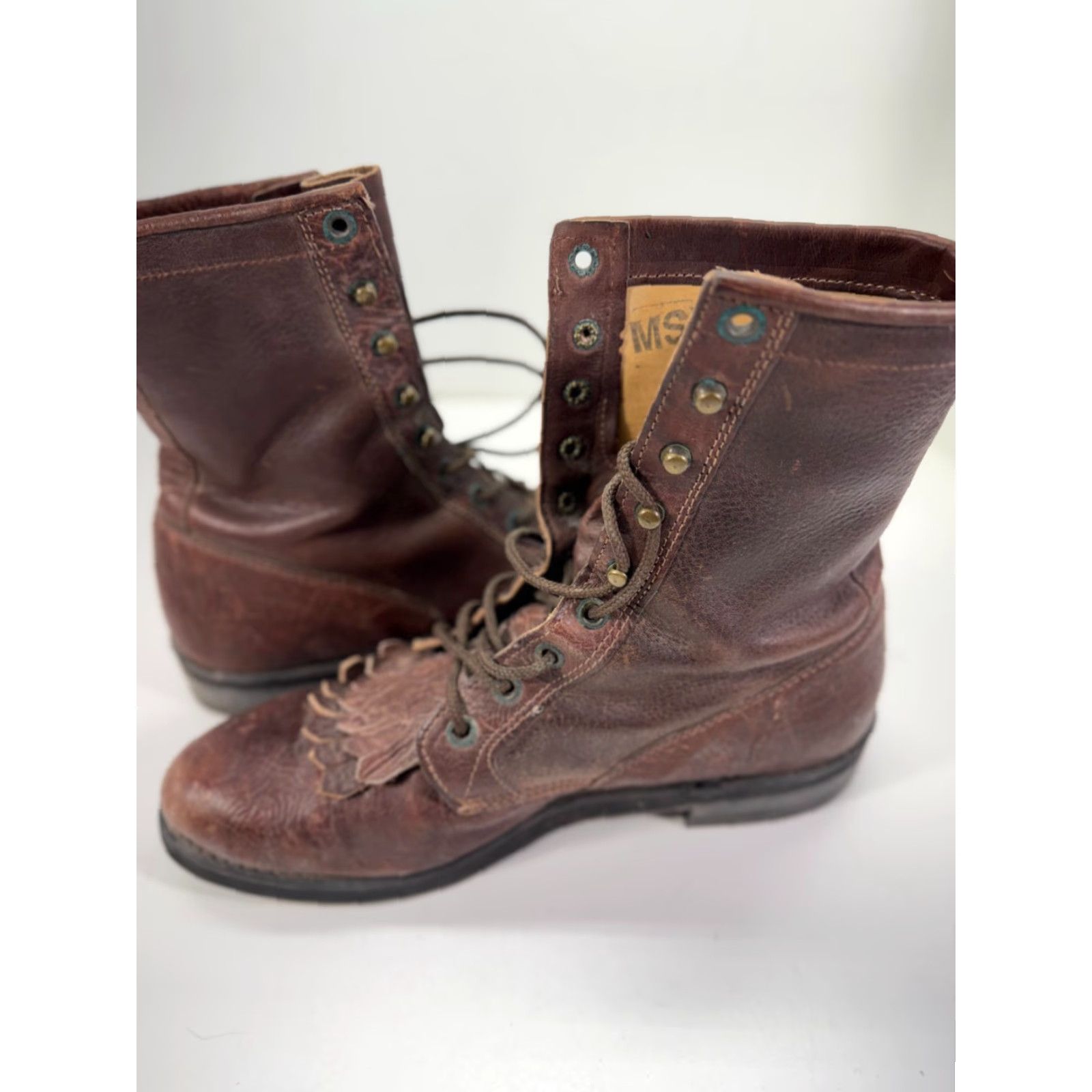 Vintage Boulet Western Boots Mens 9 Brown Leather Lace-Up Almond Toe Cowboy Kiltie Mid-Calf Boots Size US 9 / EU 42 - 5 Thumbnail
