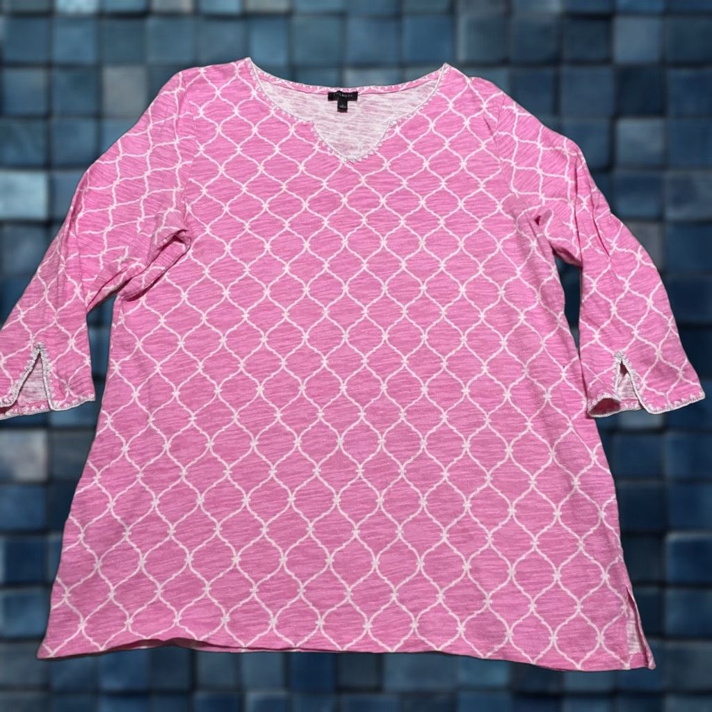 Talbots Talbots Shirt Womens Large Pink Geometric 3/4 Sleeve V-Neck Pullover Linen Blend Size L / US 10 / IT 46 - 1 Thumbnail