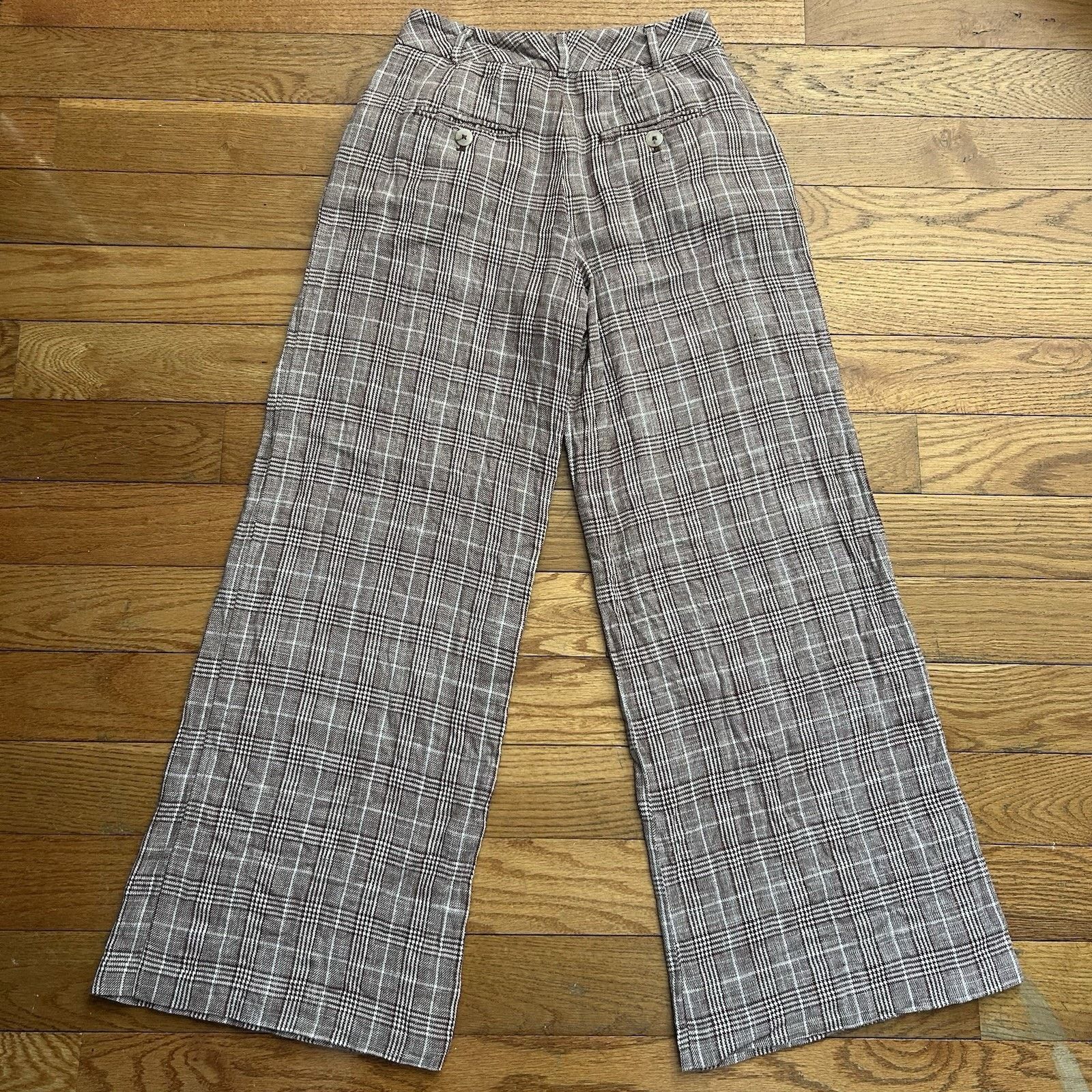 Anthropologie Maeve Avery Pleated Linen Plaid Wide Leg Pants 4 Size 27" / US 4 / IT 40 - 5 Thumbnail