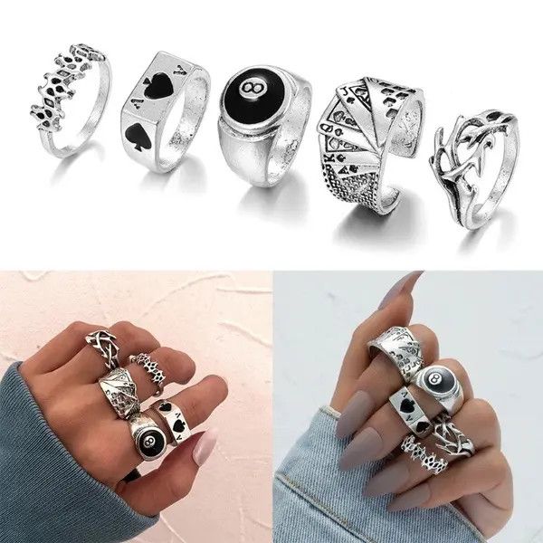 VIBE Ring Set Gothic Punk Rock Playing Cards Size ONE SIZE - 7 Thumbnail