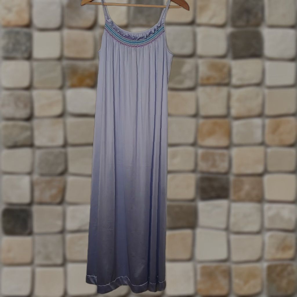 Vintage VANITY FAIR Nightgown Sleeveless Spaghetti Strap Gown Medium Blue Nylon Vintage Women Smocked Sleepswear Size ONE SIZE - 1 Thumbnail