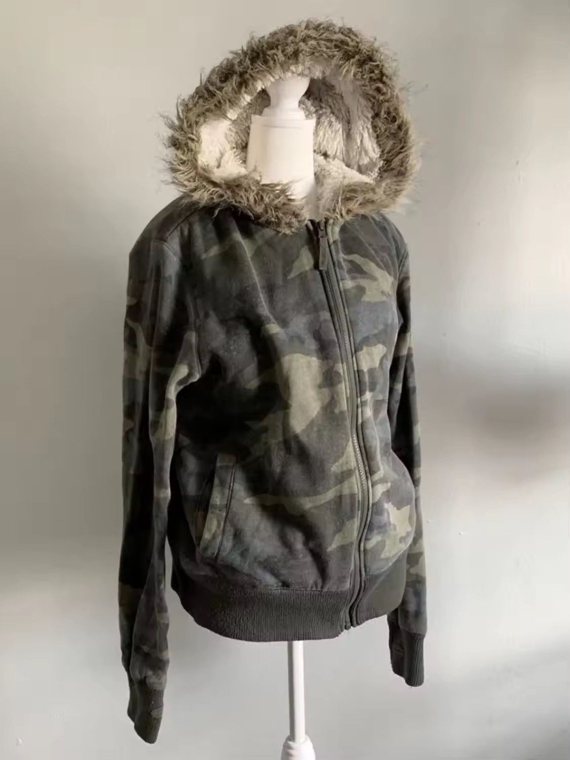 Retro Camouflage Fur Collar Zipper Hoodie