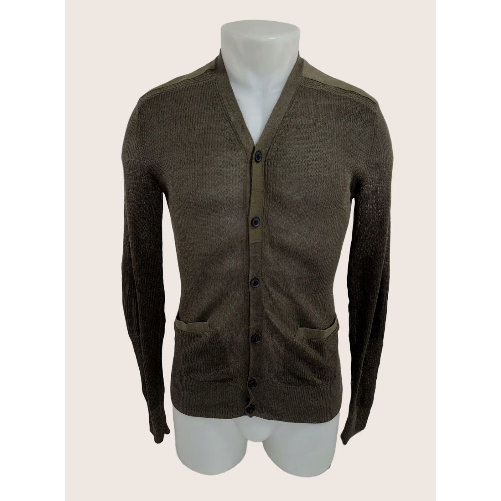 Allsaints ALLSAINTS LINEN Knit Cardigan Sweater - Mens XS ELBOW PATCH Dark Olive Green - Excellent Size US XS / EU 42 / 0 - 1 Thumbnail