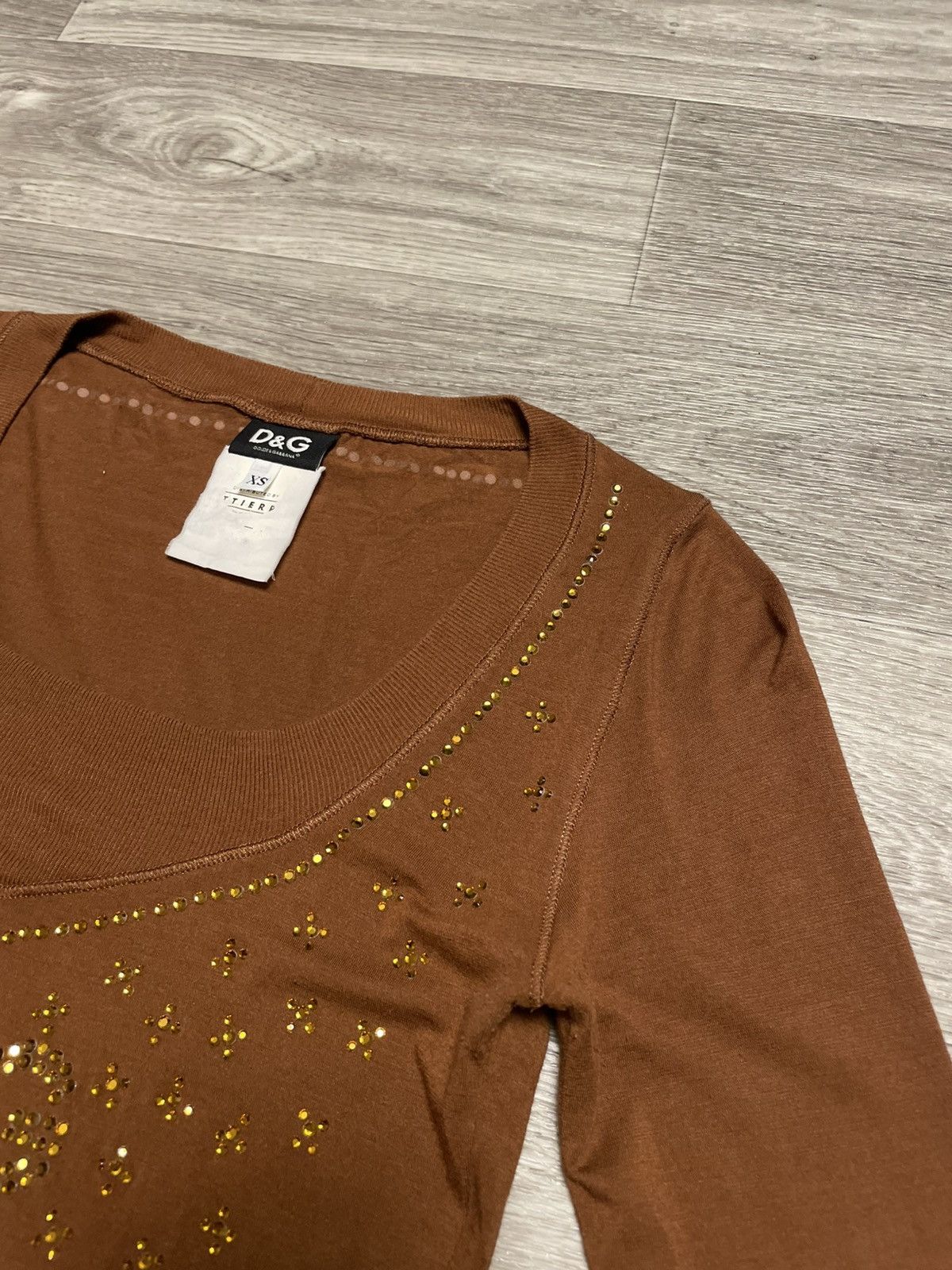 Dolce & Gabbana Y2K DG Dolce Gabbana Brown Rhinestone Logo Long Sleeve Top Size XS / US 0-2 / IT 36-38 - 15 Thumbnail