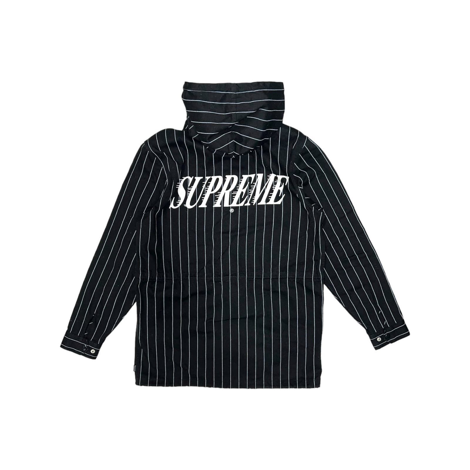 image of Supreme Pinstripe Twill Logo Parka in Black, Men's (Size Small)