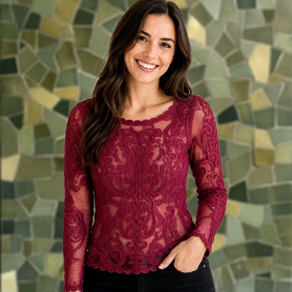 Express Express Blouse Women Small Maroon Floral Lace Sheer Goth Romantic Boho Shirt Long Sleeve Round Neck Pullover Embroidered Scalloped Hem NWT Express Top Size S / US 4 / IT 40 - 1 Thumbnail