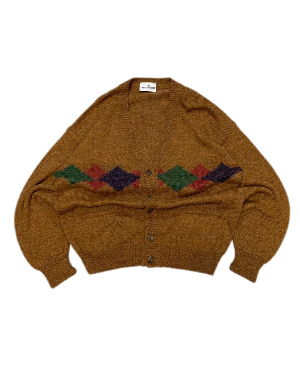 Cerruti 1881 90s Vintage Camel brown Geometric knit Button up Cardigan Size US XL / EU 56 / 4 - 1 Thumbnail