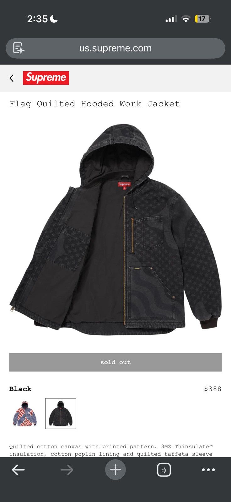Supreme Supreme Flag Quilted Hooded Work Jacket - black - Large Size US L / EU 52-54 / 3 - 8 Thumbnail
