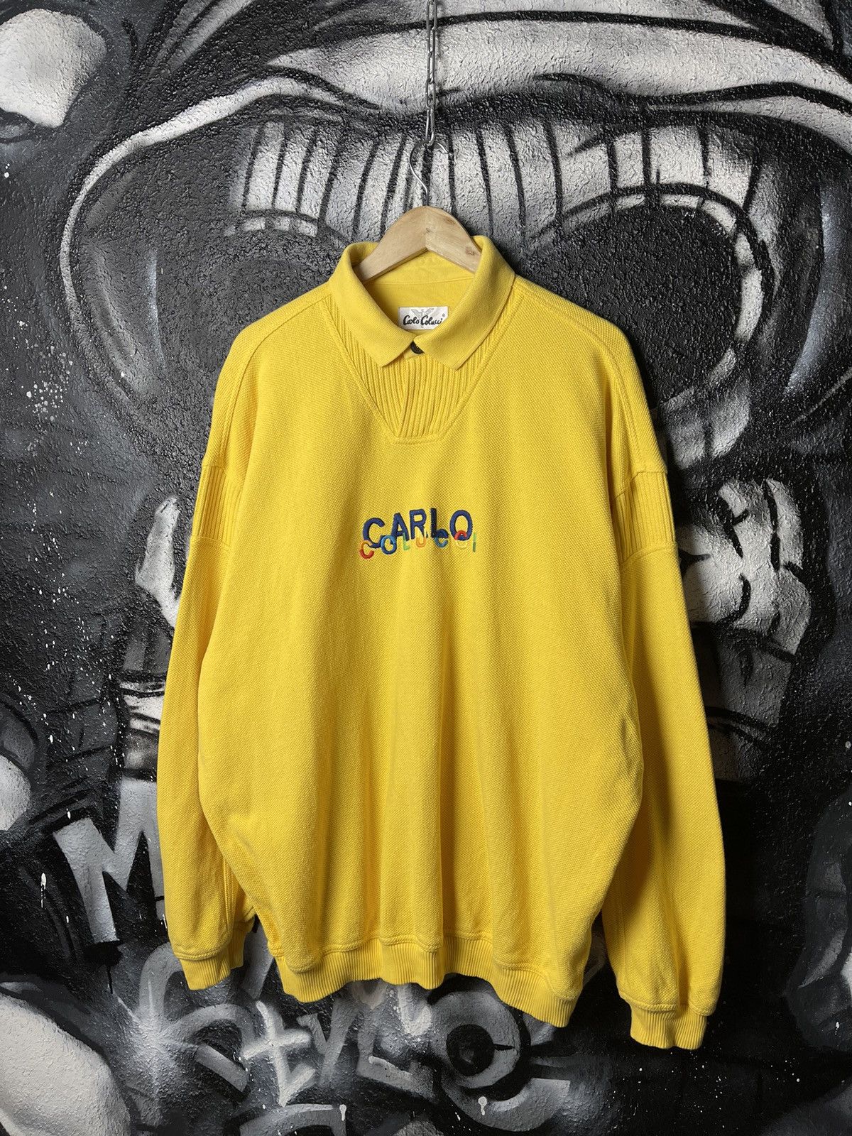 Carlo Calucci Vintage Yellow Knit Sweater Embroidered Logo