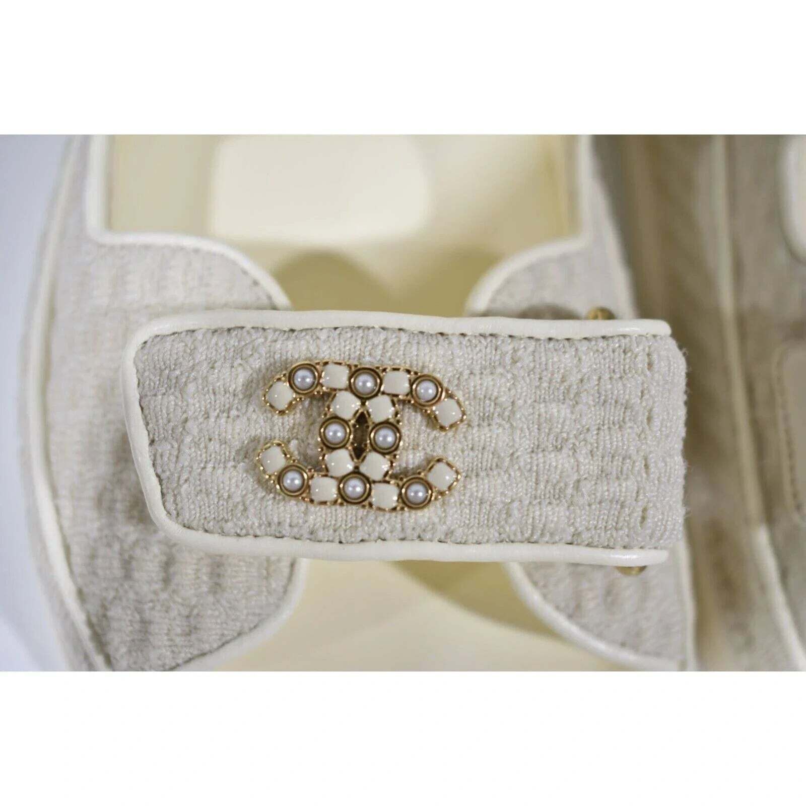 Chanel Chanel 22S Ivory White Knit CC Logo Mule Slide Strap Size US 7.5 / IT 37.5 - 6 Thumbnail
