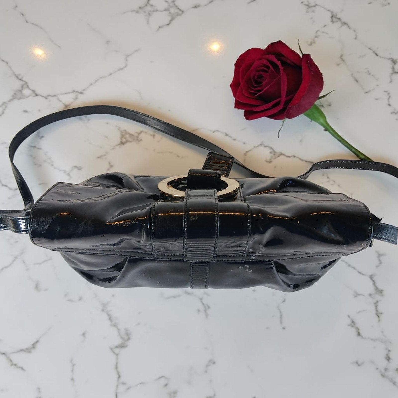 Bvlgari Chandra Black Patent Leather Hobo Bag with Gold Ring