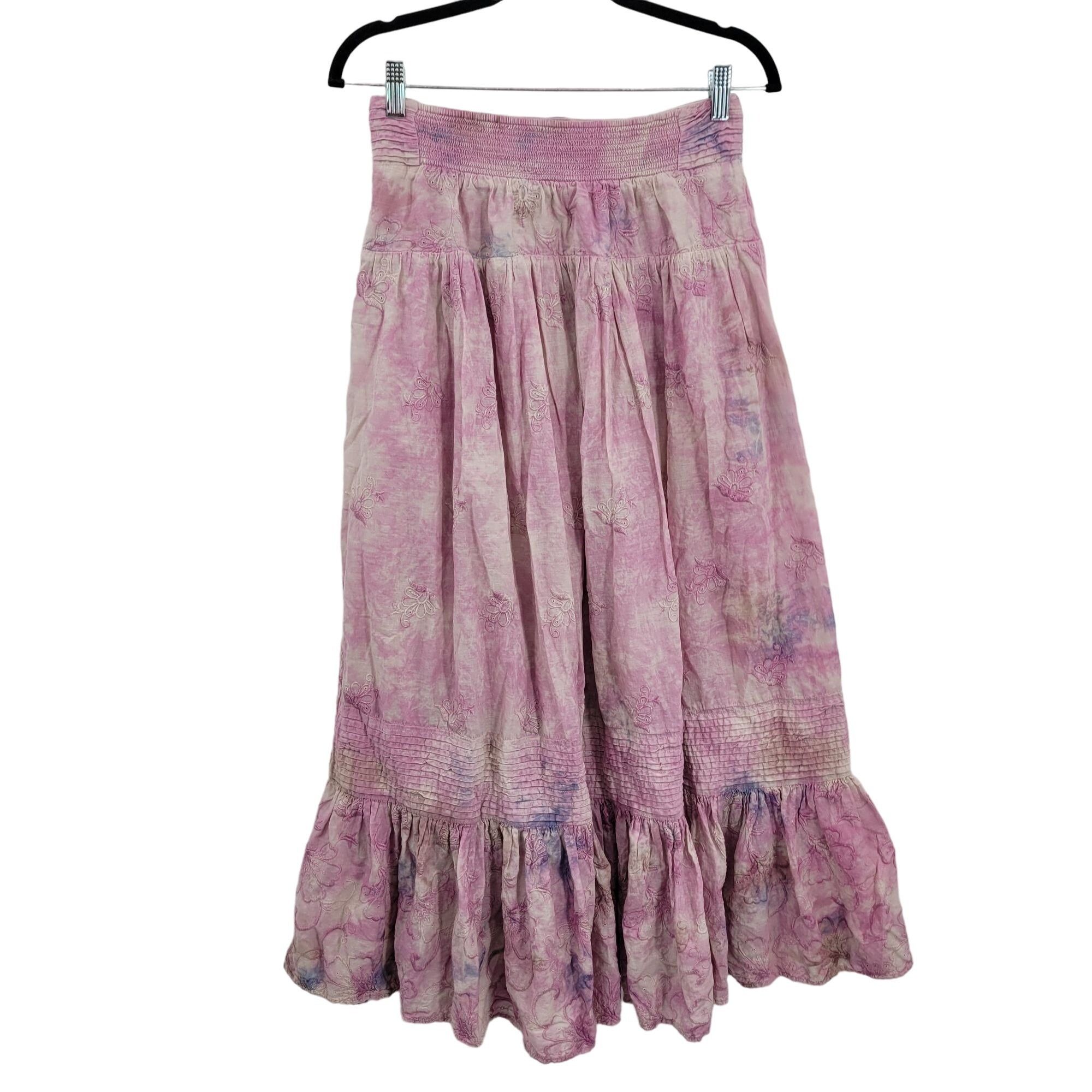 Anthropologie Anthropologie Maxi Skirt S Pink Cotton Tie-Dyed Tiered Embro Size 26" / US 2 / IT 38 - 10 Thumbnail