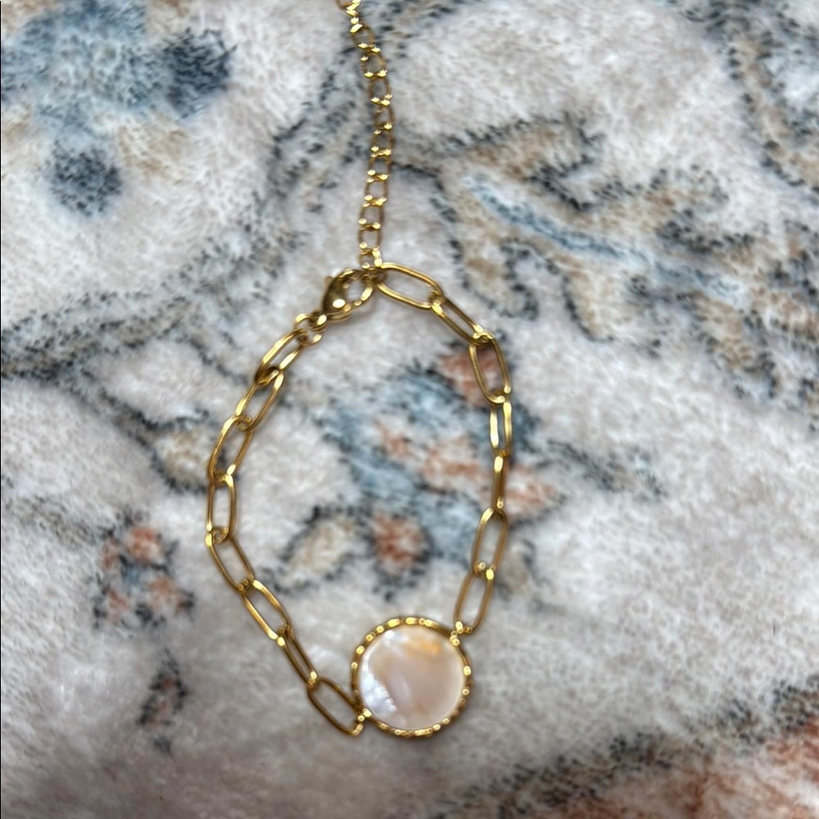 Designer Gold and Cream Minimalist Bracelet with Circular Accent Size ONE SIZE - 2 Thumbnail