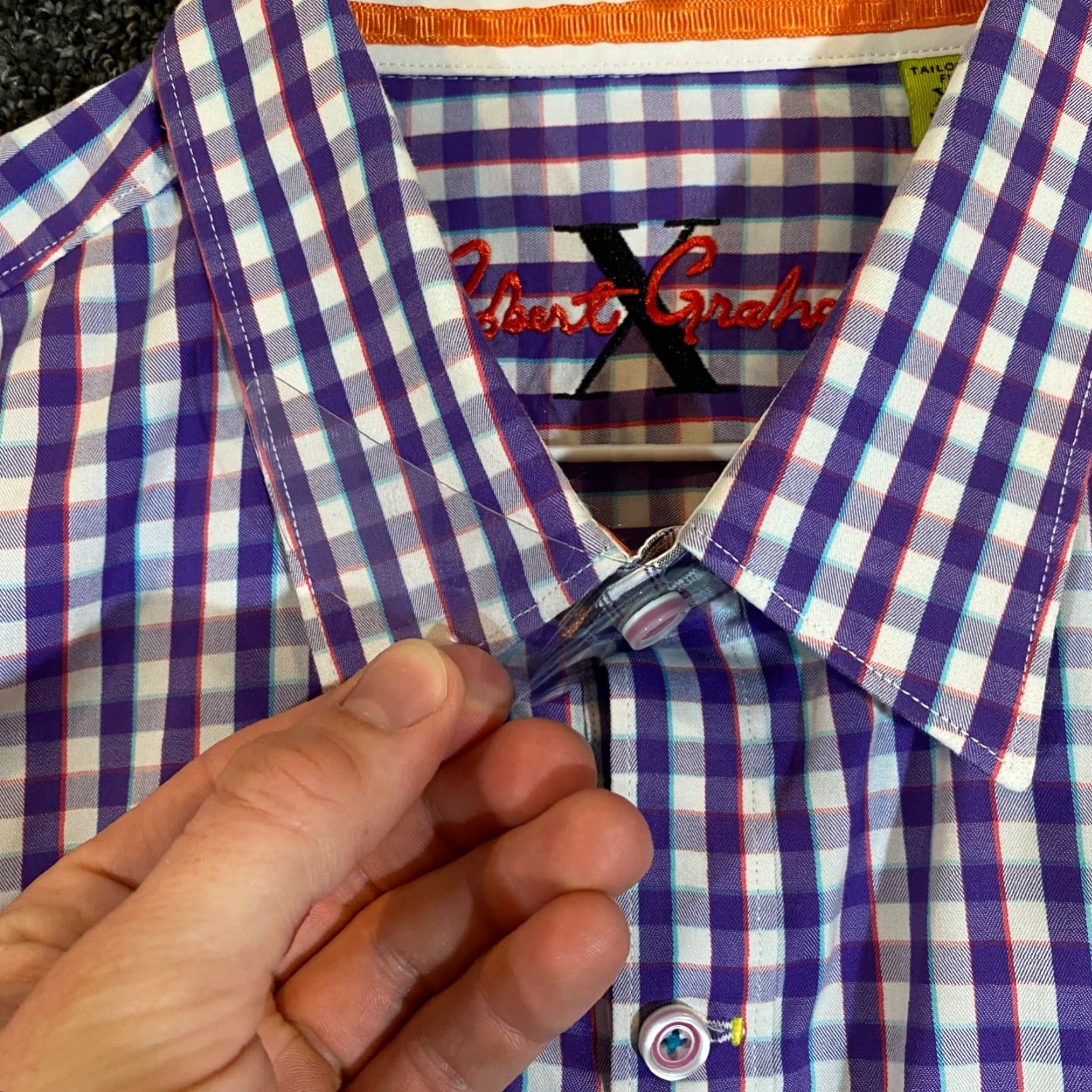 Robert Graham VINTAGE Robert Graham X Shirt Mens XL Purple White Plaid Button Up Dress Outdoors L/S Size 46R - 3 Thumbnail