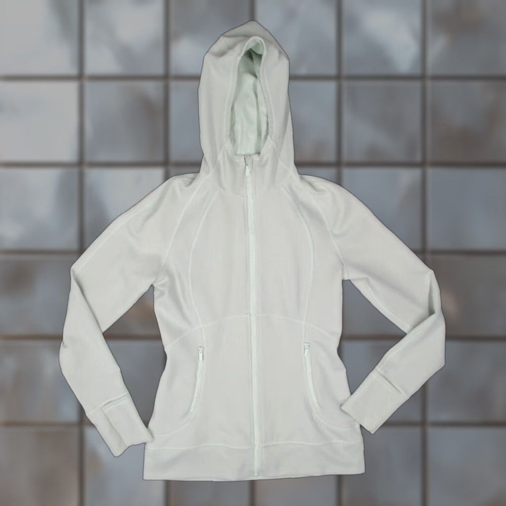 Lululemon Jacket Women 8 Green Full Zip Hooded High Neck Thumbholes Pockets Logo All Seasons Outdoor Sports Casual