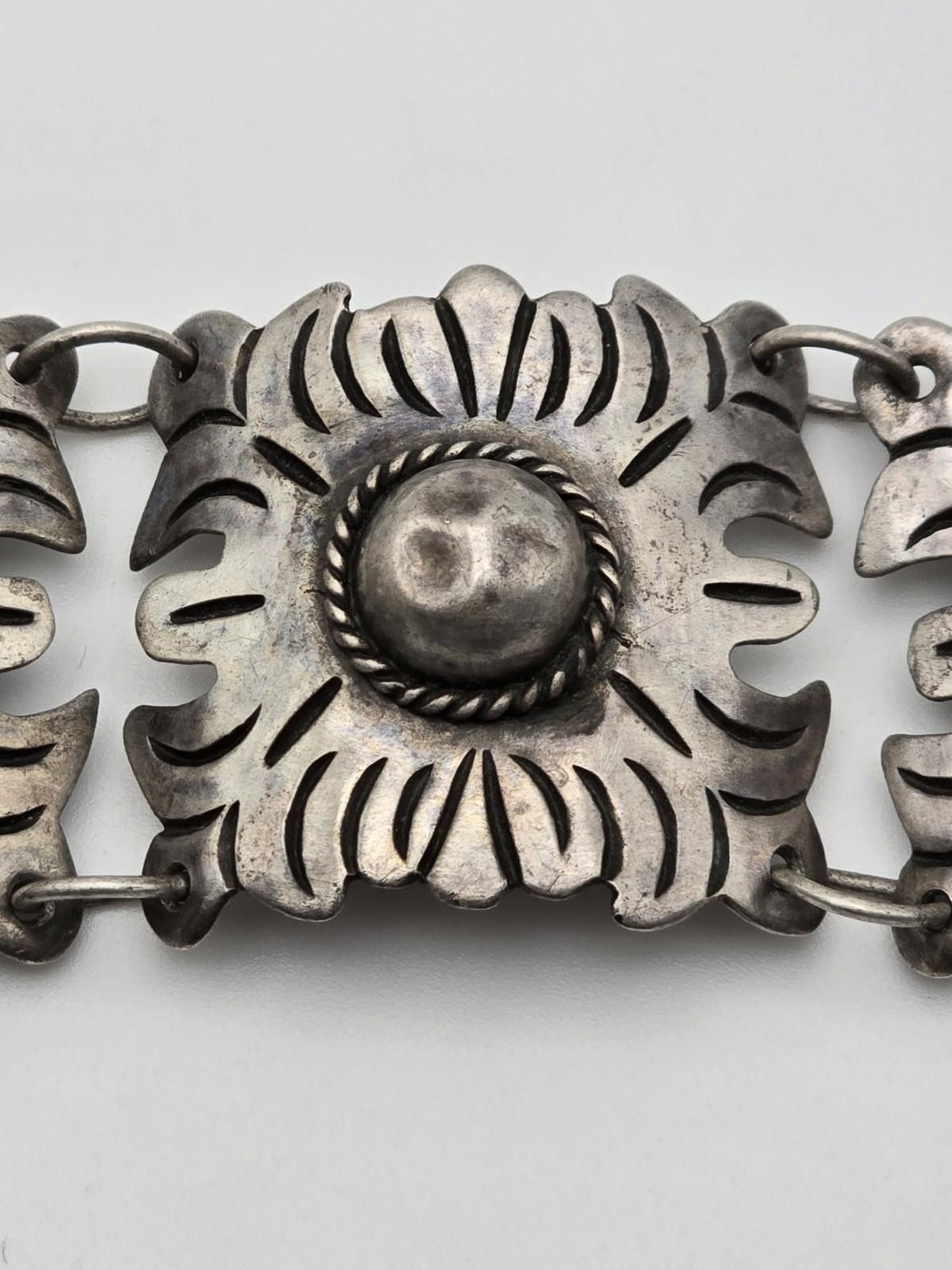 Other Vintage Mexican Silver Bracelet Hand-Stamped Floral 50s Size ONE SIZE - 4 Thumbnail