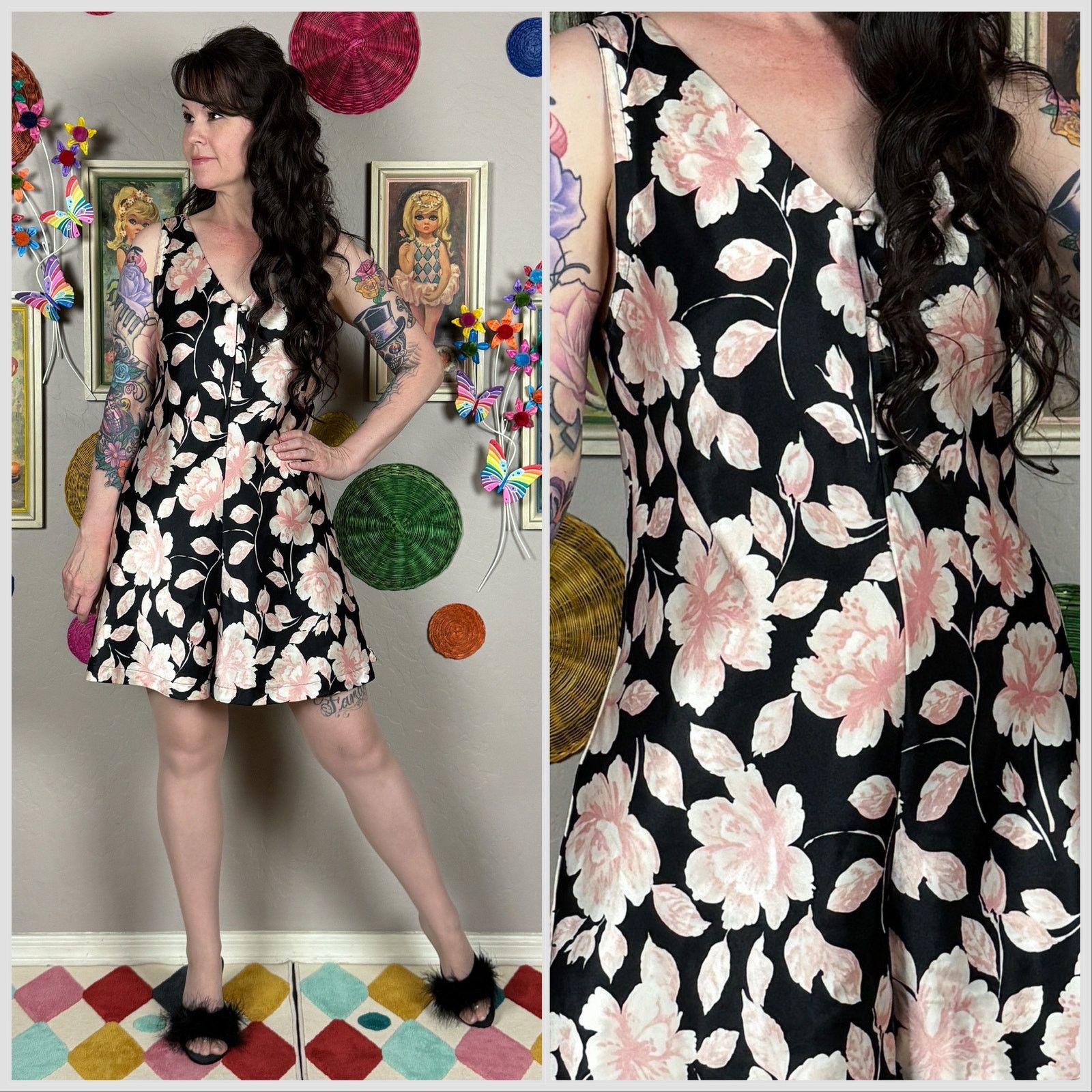 Vintage Vintage Vanity Fair Satin Floral Sleeveless Pajama Romper Size ONE SIZE - 1 Thumbnail