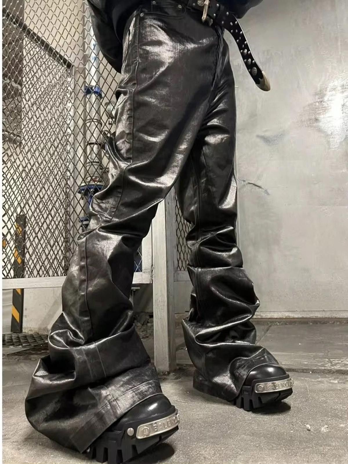 Glossy Oversized Wide Leg Black Faux Leather Jeans