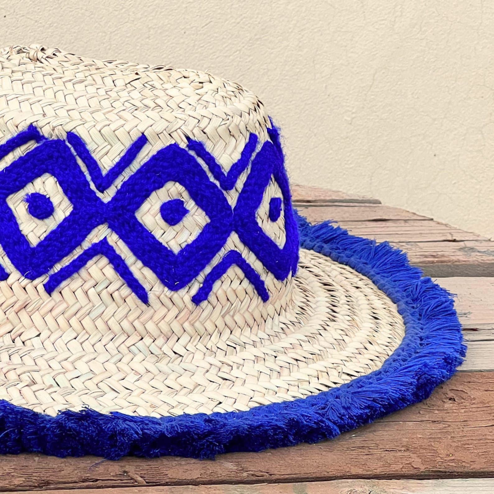 Vintage Moroccan Handmade Blue Patterned Straw Hat Size ONE SIZE - 6 Thumbnail