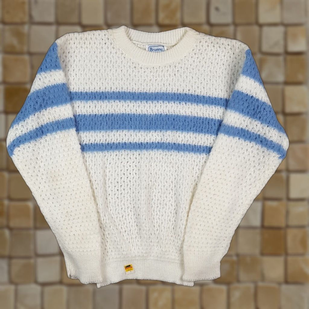 Vintage Vintage 80s Women's Small Blue Striped Knit Pullover Sweater Casual Fall Winter Brunny USA Size S / US 4 / IT 40 - 1 Thumbnail
