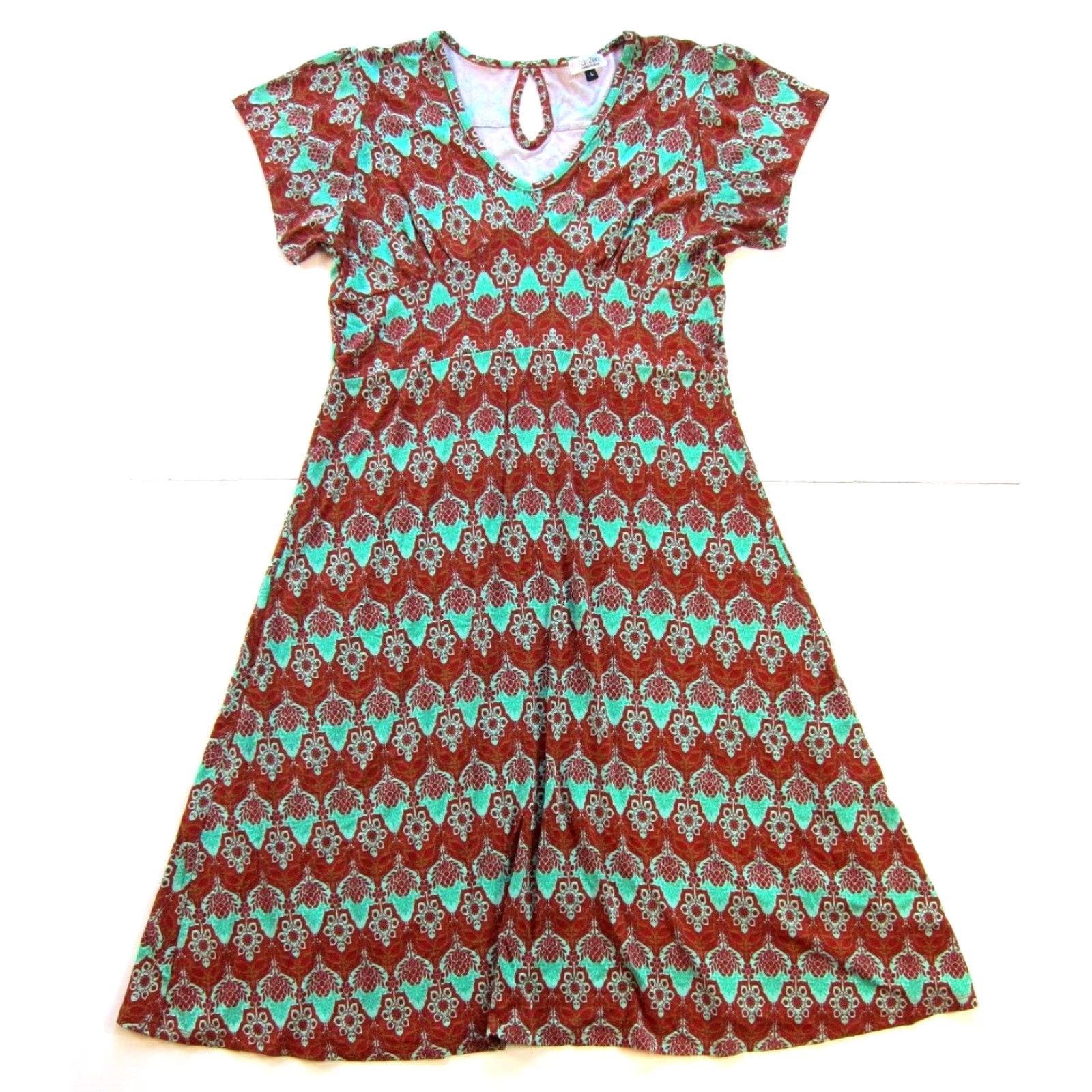 Vintage VINTAGE Za Zen Red Green Floral Short Sleeve Jersey Stretch Fit & Flare Midi Sun Dress L Size L / US 10 / IT 46 - 2 Thumbnail