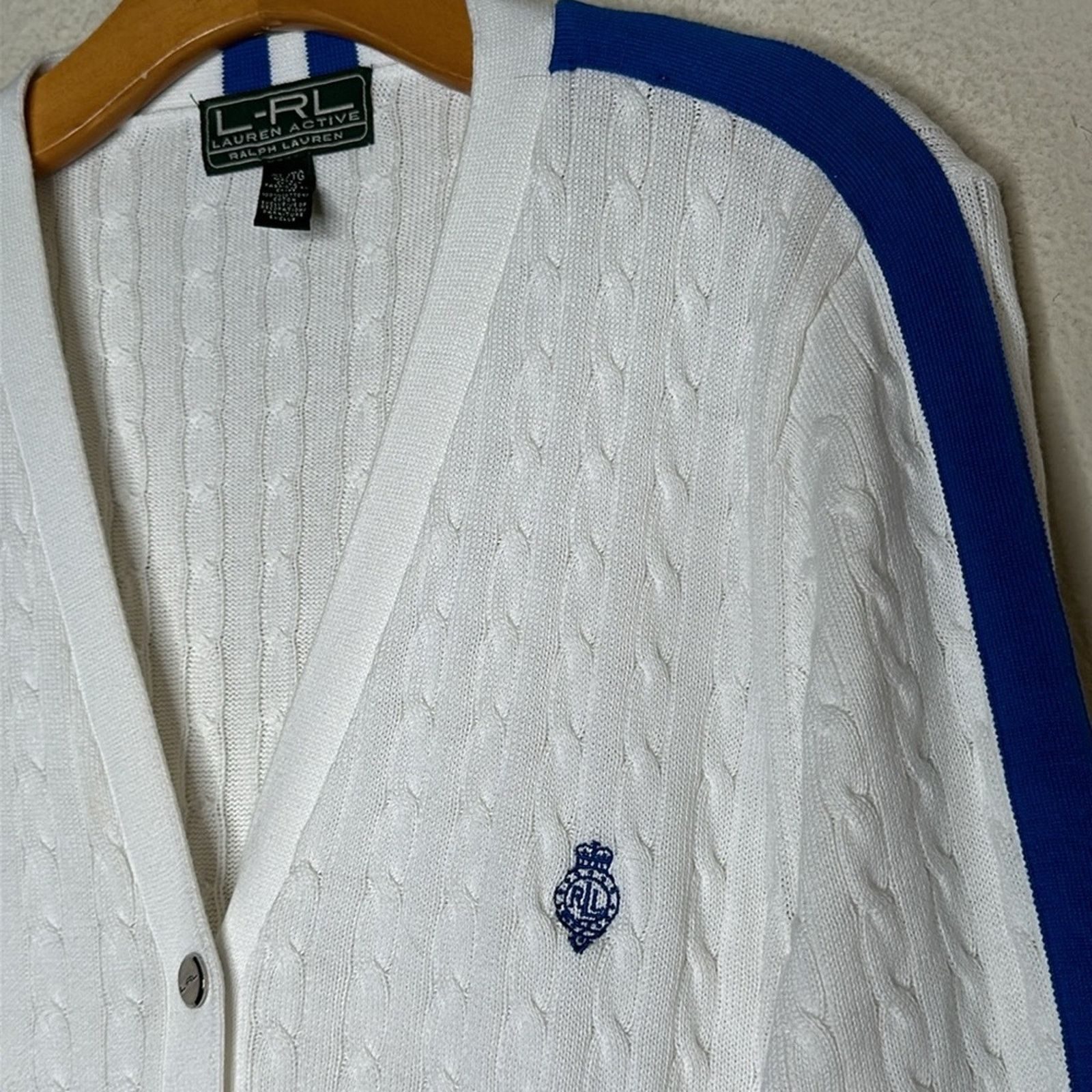 Lauren Ralph Lauren × Vintage VTG Ralph Lauren Cable Knit White Blue Logo Sweater XL Size XL / US 12-14 / IT 48-50 - 3 Thumbnail
